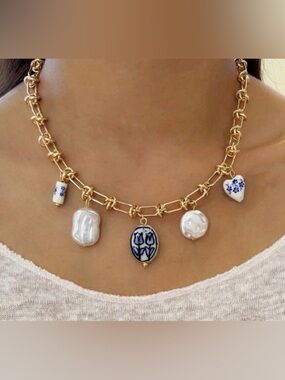 Anthropologie Gold Chain Necklace with Blue & White Porcelain and Pearl Charms